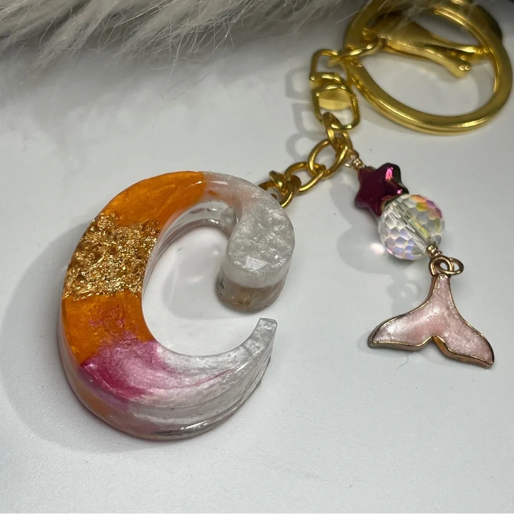 Custom Orange, Pink and Cream Letter “C” Keychain With Gold Foil Inlay